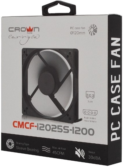 Вентилятор для корпуса CROWN CMCF-12025S-1231 (1650 rpm, Min: 23 dBA, Max: 23 dBA, 1 вентилятор, 120x120x25 мм, 29 CFM, 3-pin / Molex, Hydro dynamic bearing, синяя подсветка, черный, Retail)