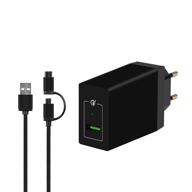 Зарядное устройство сетевое DF Tor-02 (черный, 3-1,5A, 6,5V, 1xUSB, Quick Charge 3.0, USB-кабелем (120 см) USB Type-C)