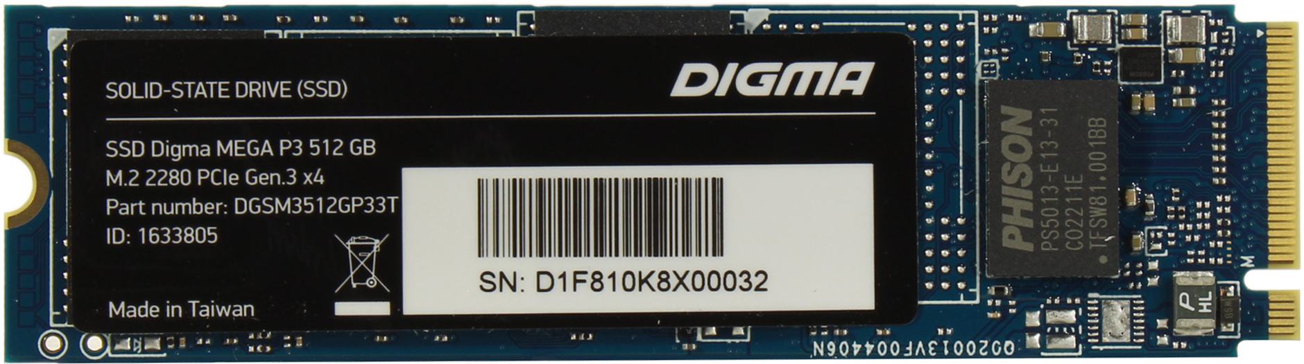 Накопитель SSD M.2 512 GB Digma MEGA P3 (DGSM3512GP33T) Retail (PCI-Express 4x rev.3.0 (NVMe 1.3), 3D NAND (TLC), M.2 Type 2280 (80x22x2mm))