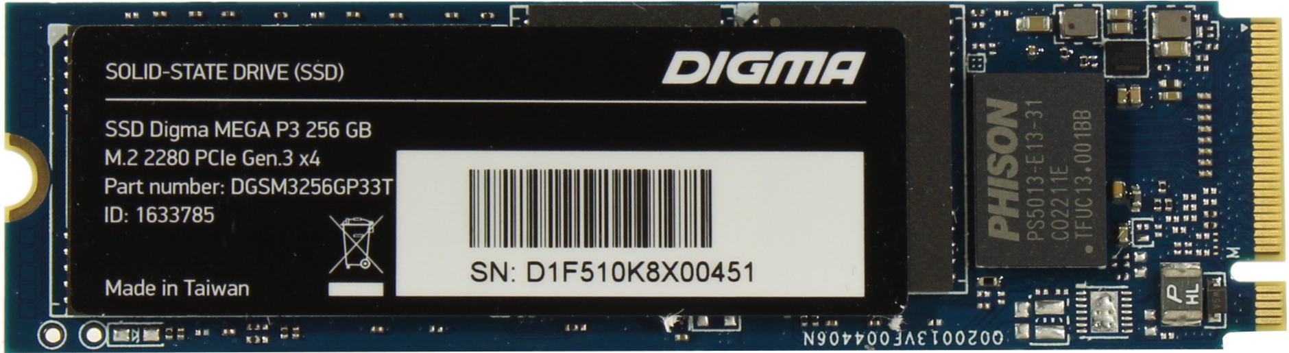 Накопитель SSD M.2 256 GB Digma MEGA P3 (DGSM3256GP33T ) Retail (PCI-E 3.0 x4 (NVMe 1.3), 3D NAND (TLC), M.2 Type 2280 (80x22x2mm)) 
