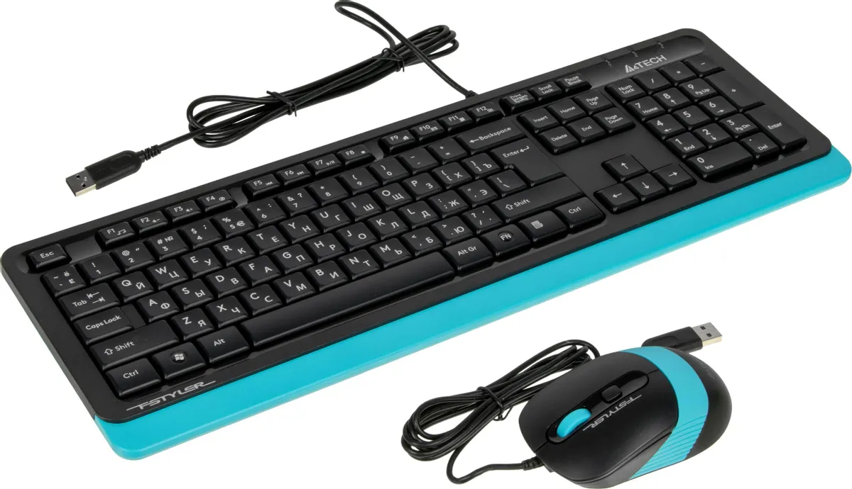 Комплект клавиатура + мышь A4-Tech Fstyler F1010 (черно-синий, USB, мембранная кл-ра, 1.5 м, полноразмерная кл-ра, оптическая мышь, 1600 dpi) [ F1010 