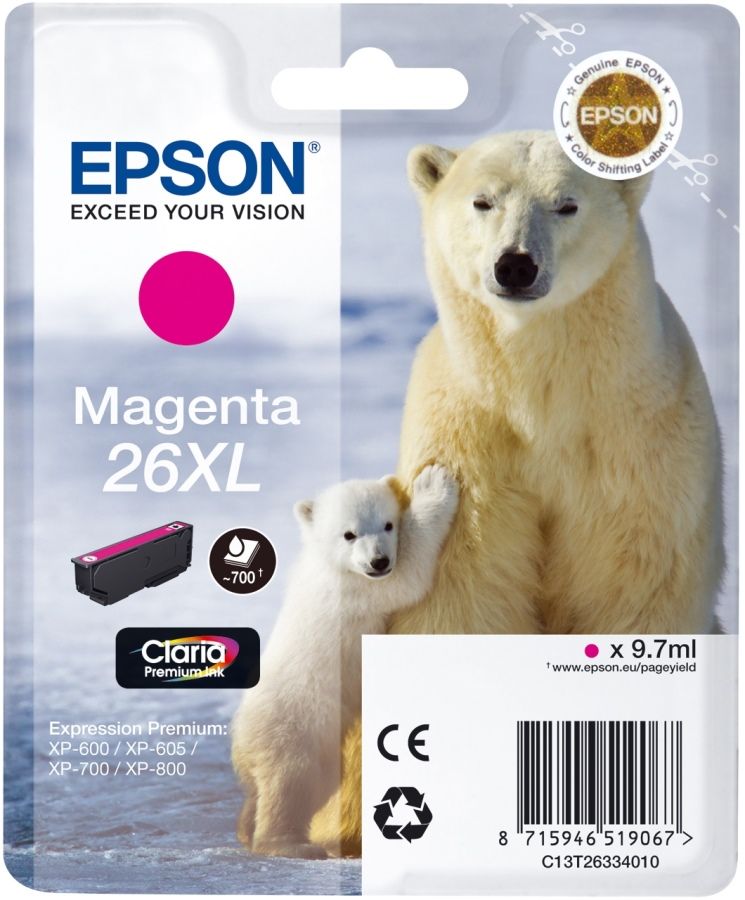 Уцененный товар Картридж Epson [ C13T26334010 ] (срок годности до 10.2017) T26XL T2633 (до 700 стр) для XP-600/605/700/800 (magenta, 9.7 ml)