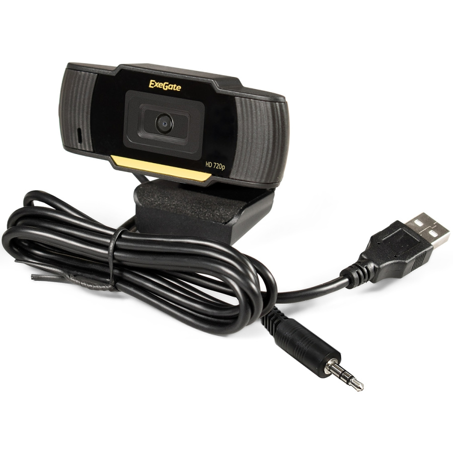 Веб-камера ExeGate GoldenEye C270 HD (черный, USB 2.0 Type-A + 3.5mm Jack, 1/3" CMOS 1 Mpix, 1280x720, встроенный мономикрофон с шумоподавлением, пост