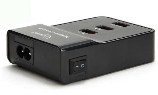 Зарядное устройство сетевое Gembird MP3A-PC-01 (черный, 220V-5V,  USB 3 порта, 3A суммарно)