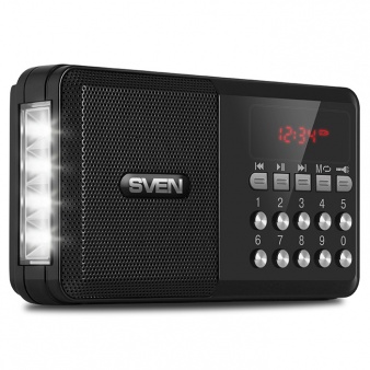Акустическая система портативная 1.0 SVEN PS-60 (черный, 3 Вт, 120-20000 Гц, пластик, разъем для наушников, съемный аккумулятор, возможно питание от 3 x AA, USB, SD-ридер, FM-тюнер, LED-дисплей, часы, фонарик) [ SV-016845 ]