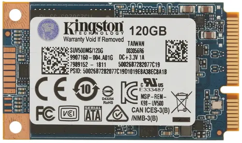 Накопитель SSD mSATA 120 GB Kingston UV500 Series (SUV500MS/120G) Retail (520 МБ/сек, 320 МБ/сек, write: 18000 IOPS, SATA600, 3D NAND (TLC), Marvell 8