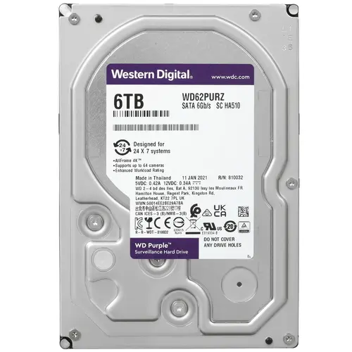 Жесткий диск 3.5" 6TB WD Purple (WD62PURZ) (5640об/м, 128MB, SATA600, для систем видеонаблюдения до 64 камер в режиме 24x7, AF 4Kn) OEM