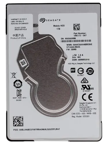 Жесткий диск SerialATA 2.5" 1000 GB Seagate BarraCuda (ST1000LM035) (5400 об/м, 128 MB, SATA600, для мобильных ПК, Advanced Format 512e, толщина 7 мм)